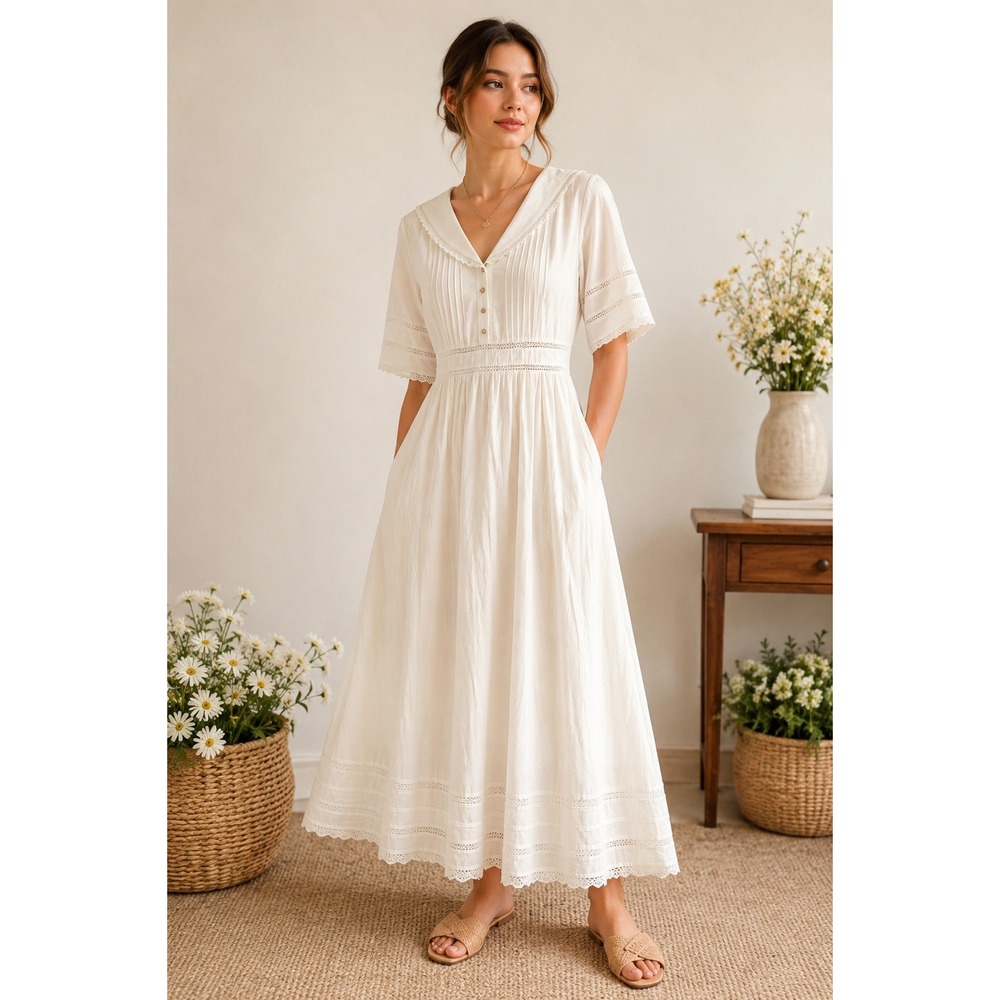 Simple Retro Fiona Midi Dress Wms LWhite Cotton Lace Pintuck Cottagecore Modest